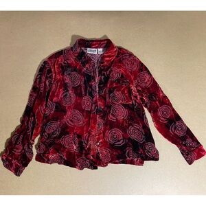 Vintage Chico’s Design Red Velvet Burnout Button Down Shirt